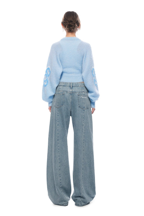 Blue Logo Flocked V - neck Knit Cardigan - ANN ANDELMAN