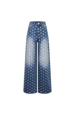 Blue Loose Straight - leg Full Rhinestone Logo Jeans - ANN ANDELMAN