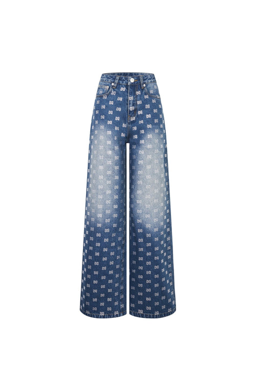 Blue Loose Straight - leg Full Rhinestone Logo Jeans - ANN ANDELMAN