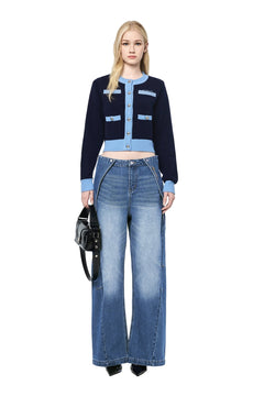 Blue Metal Button Multi - pocket Knit Cardigan - ANN ANDELMAN