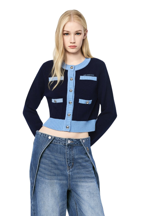 Blue Metal Button Multi - pocket Knit Cardigan - ANN ANDELMAN