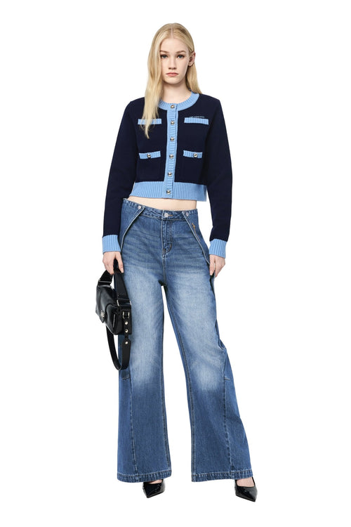 Blue Metal Button Multi - pocket Knit Cardigan - ANN ANDELMAN