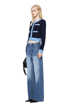 Blue Metal Button Multi - pocket Knit Cardigan - ANN ANDELMAN