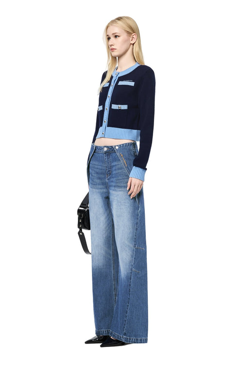 Blue Metal Button Multi - pocket Knit Cardigan - ANN ANDELMAN