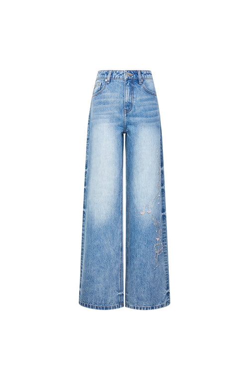 Blue Musical Note Beaded Embroidered Jeans - ANN ANDELMAN