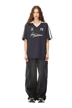 Blue Patchwork Printed Polo T-Shirt - ANN ANDELMAN