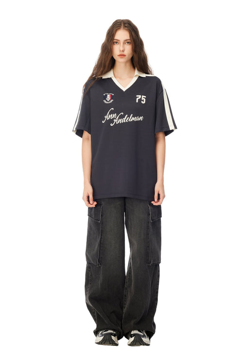 Blue Patchwork Printed Polo T-Shirt - ANN ANDELMAN