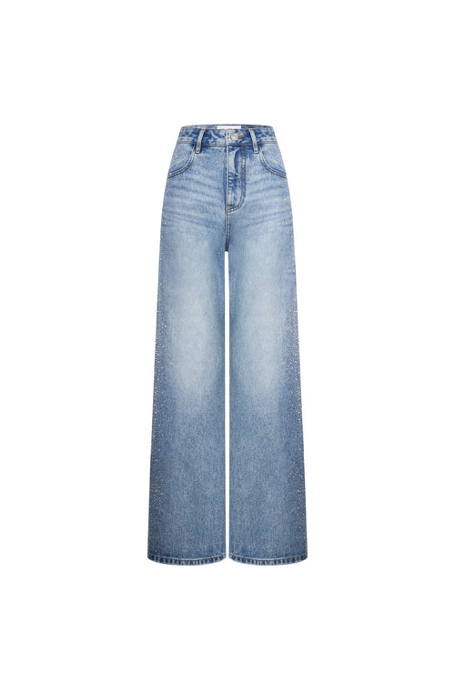 Blue Rhinestones Straight - leg Wide - leg Jeans - ANN ANDELMAN
