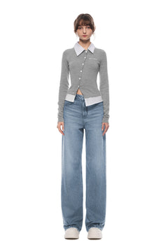 Blue Rhinestones Straight - leg Wide - leg Jeans - ANN ANDELMAN