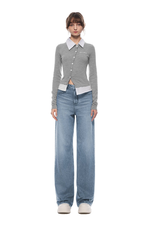 Blue Rhinestones Straight - leg Wide - leg Jeans - ANN ANDELMAN