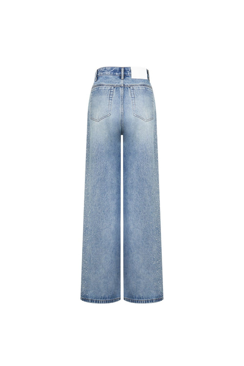 Blue Rhinestones Straight - leg Wide - leg Jeans - ANN ANDELMAN