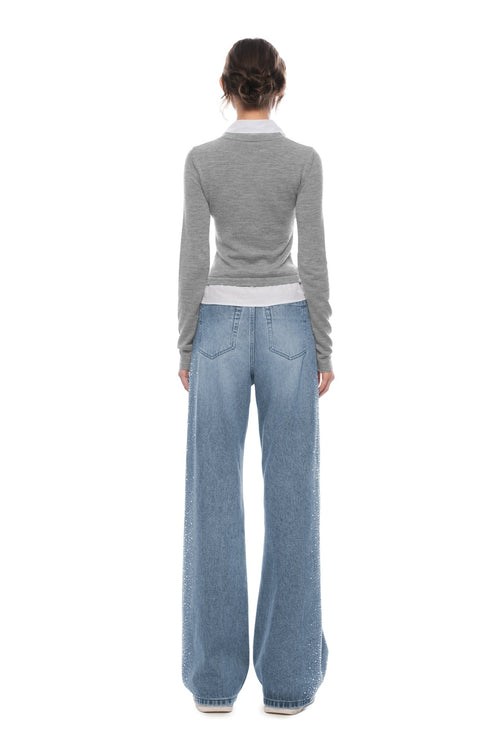 Blue Rhinestones Straight - leg Wide - leg Jeans - ANN ANDELMAN