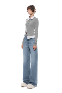 Blue Rhinestones Straight - leg Wide - leg Jeans - ANN ANDELMAN