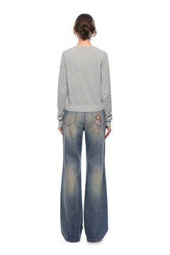 Blue Washed Puppy Print High - waisted Flared Jeans - ANN ANDELMAN