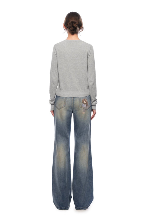 Blue Washed Puppy Print High - waisted Flared Jeans - ANN ANDELMAN