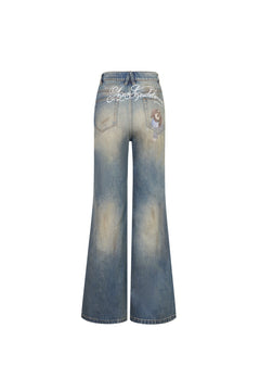 Blue Washed Puppy Print High - waisted Flared Jeans - ANN ANDELMAN
