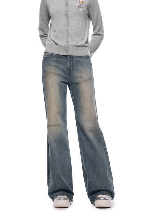 Blue Washed Puppy Print High - waisted Flared Jeans - ANN ANDELMAN