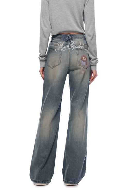 Blue Washed Puppy Print High - waisted Flared Jeans - ANN ANDELMAN