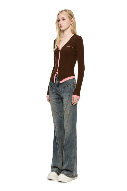 Brown Asymmetrical Color - blocked Cardigan - ANN ANDELMAN