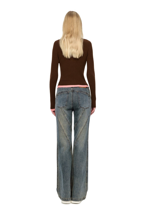 Brown Asymmetrical Color - blocked Cardigan - ANN ANDELMAN