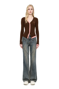 Brown Asymmetrical Color - blocked Cardigan - ANN ANDELMAN