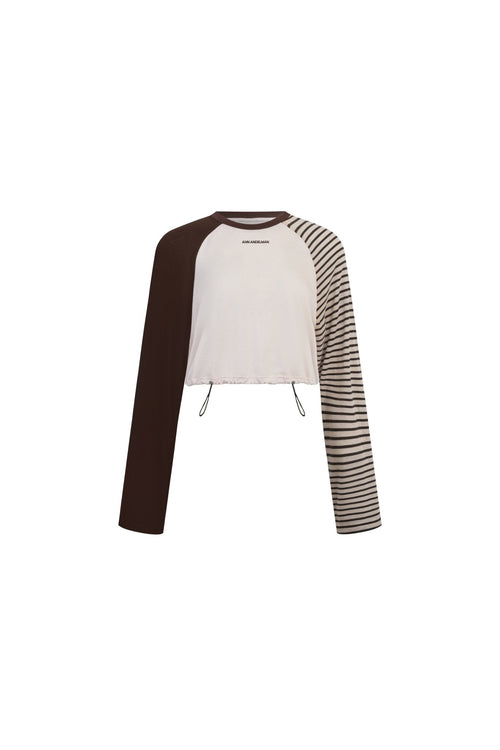 Brown Asymmetrical Color - blocked Cropped Long - sleeved T-shirt - ANN ANDELMAN