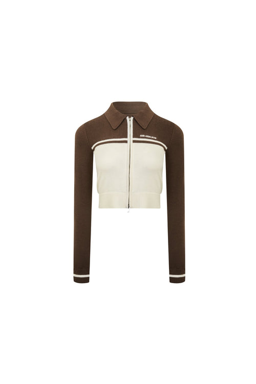 Brown Color - blocked Thin Knit Cardigan - ANN ANDELMAN