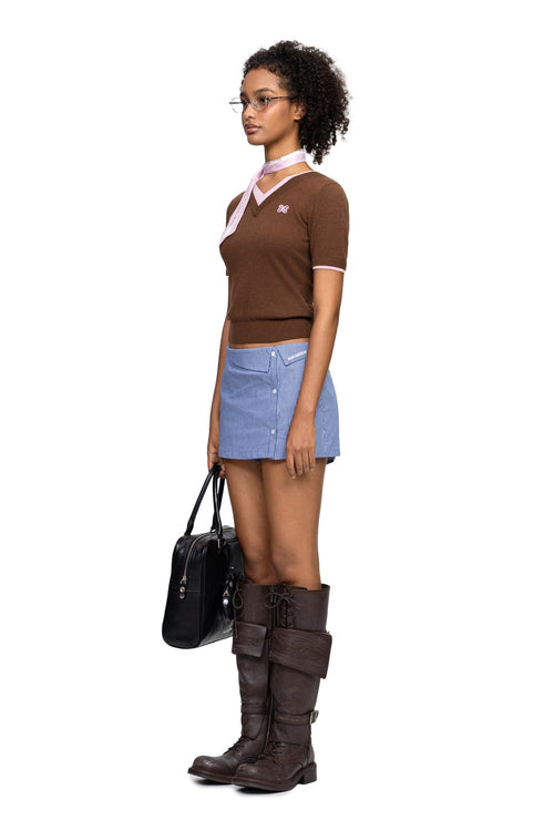 Brown Double - Layered Contrast V - Neck Knitted T-Shirt - ANN ANDELMAN