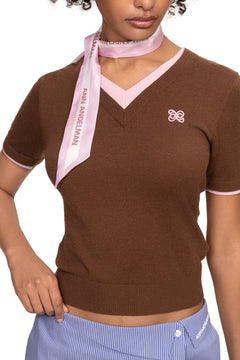 Brown Double - Layered Contrast V - Neck Knitted T-Shirt - ANN ANDELMAN