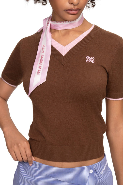 Brown Double - Layered Contrast V - Neck Knitted T-Shirt - ANN ANDELMAN