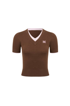 Brown Double - Layered Contrast V - Neck Knitted T-Shirt - ANN ANDELMAN