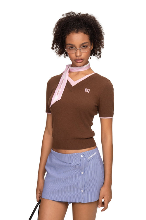 Brown Double - Layered Contrast V - Neck Knitted T-Shirt - ANN ANDELMAN