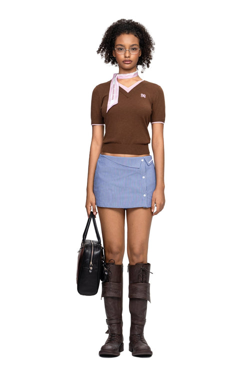 Brown Double - Layered Contrast V - Neck Knitted T-Shirt - ANN ANDELMAN