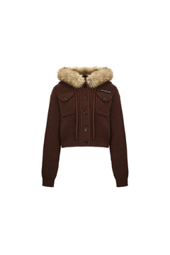 Brown Faux - fur Collar Knit Jacket - ANN ANDELMAN