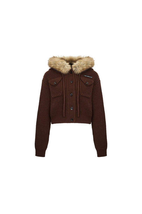 Brown Faux - fur Collar Knit Jacket - ANN ANDELMAN