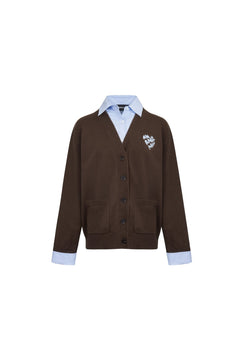 Brown Faux Two - piece Knit Top With Patchwork Shirt - ANN ANDELMAN