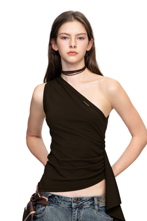 Brown One Shoulder Stretch Knit Ribbon Tops - ANN ANDELMAN