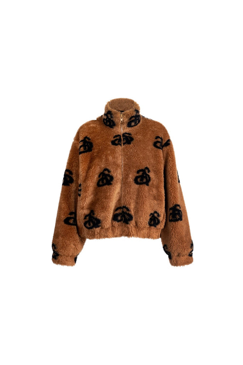 Brown Plush Lamb Wool Furry Logo Jacket - ANN ANDELMAN