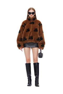 Brown Plush Lamb Wool Furry Logo Jacket - ANN ANDELMAN