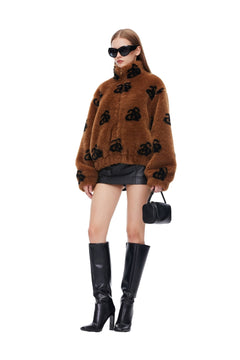 Brown Plush Lamb Wool Furry Logo Jacket - ANN ANDELMAN