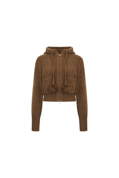 Brown Pom - pom Hooded Cardigan - ANN ANDELMAN