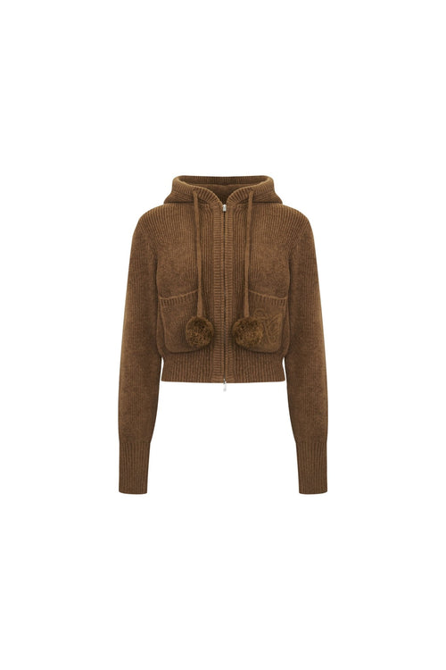 Brown Pom - pom Hooded Cardigan - ANN ANDELMAN