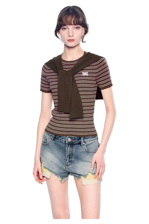 Brown Shawl Two - Piece Striped T-Shirt - ANN ANDELMAN