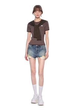 Brown Shawl Two - Piece Striped T-Shirt - ANN ANDELMAN