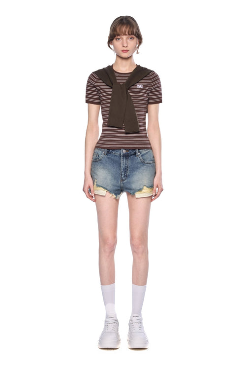 Brown Shawl Two - Piece Striped T-Shirt - ANN ANDELMAN