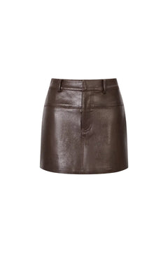 Brown Split-hem Short Leather Skirt - ANN ANDELMAN