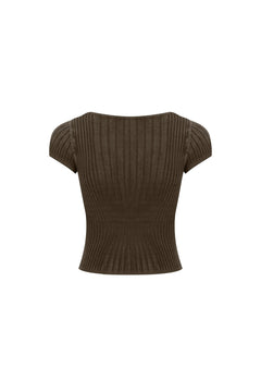 Brown Square Neck Knit Short - sleeved Shirt - ANN ANDELMAN
