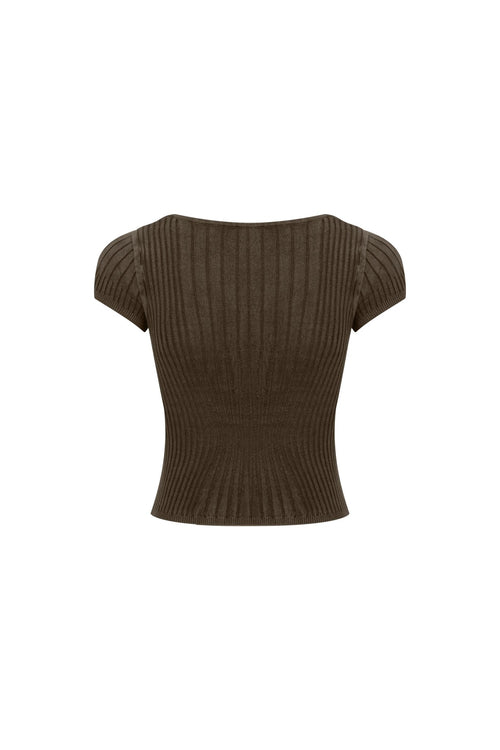 Brown Square Neck Knit Short - sleeved Shirt - ANN ANDELMAN