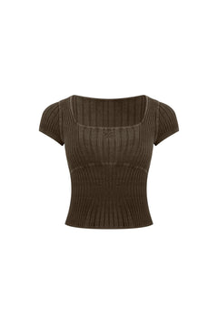 Brown Square Neck Knit Short - sleeved Shirt - ANN ANDELMAN