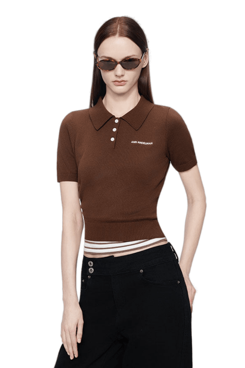 Brown Striped Faux Two-piece POLO - ANN ANDELMAN